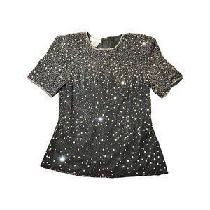 Vintage Sténay Black Sequin Short Sleeve Top Medium Women's Beaded Party Blouse
